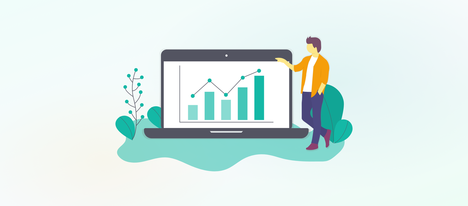 Illustration of a marketer presenting a clean, upward budget chart on a laptop